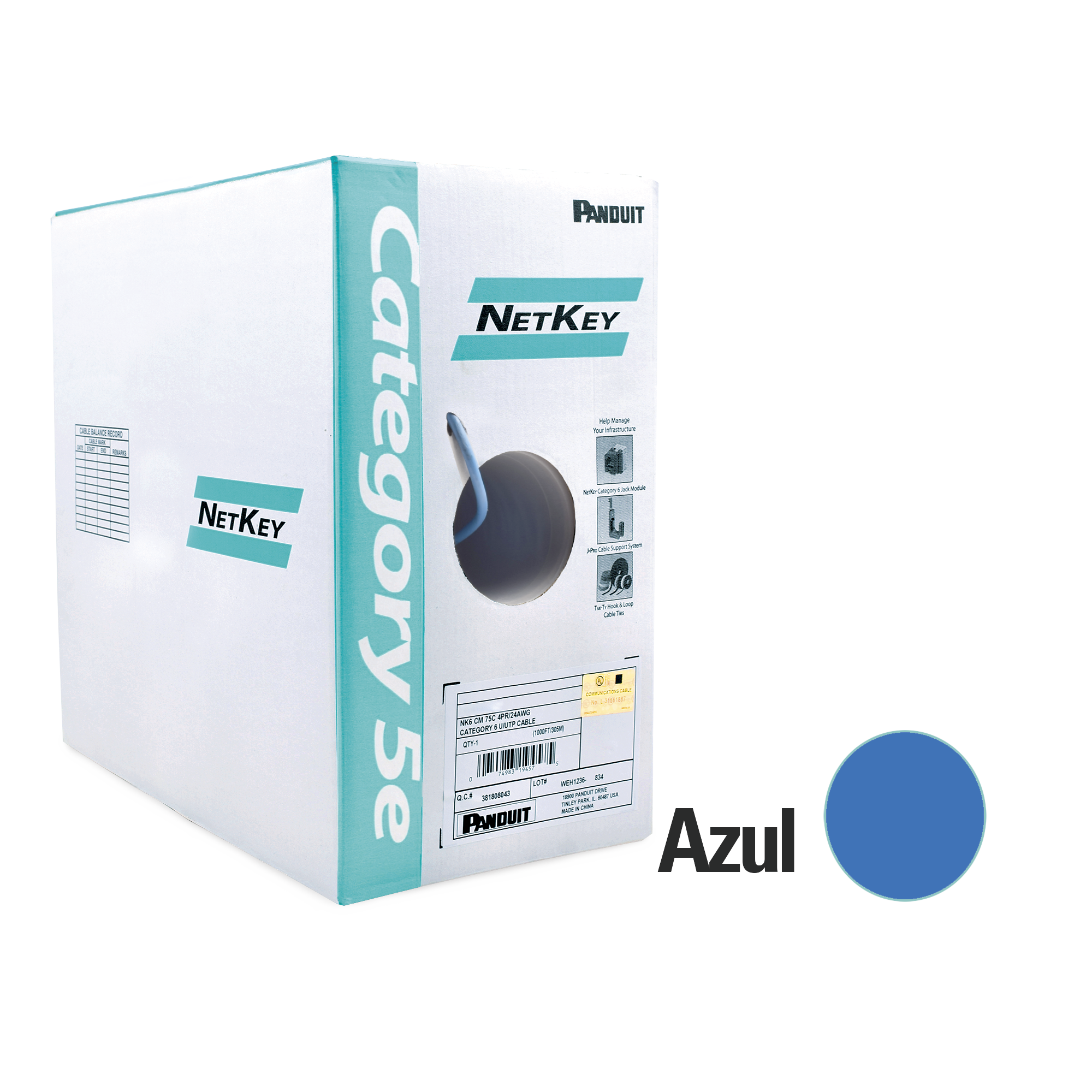 Bobina de cable UTP 305 m. de Cobre, NetKey, Azul, Categoría 5e (24 AWG), PVC (CM), de 4 pares Bobina de cable UTP 305 m. de Cobre, NetKey, Azul, Categoría 5e (24 AWG), PVC (CM), de 4 pares